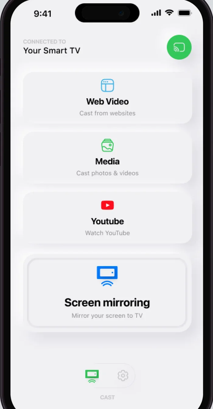 The app's home screen with Web Video, Media, YouTube and Screen mirroring