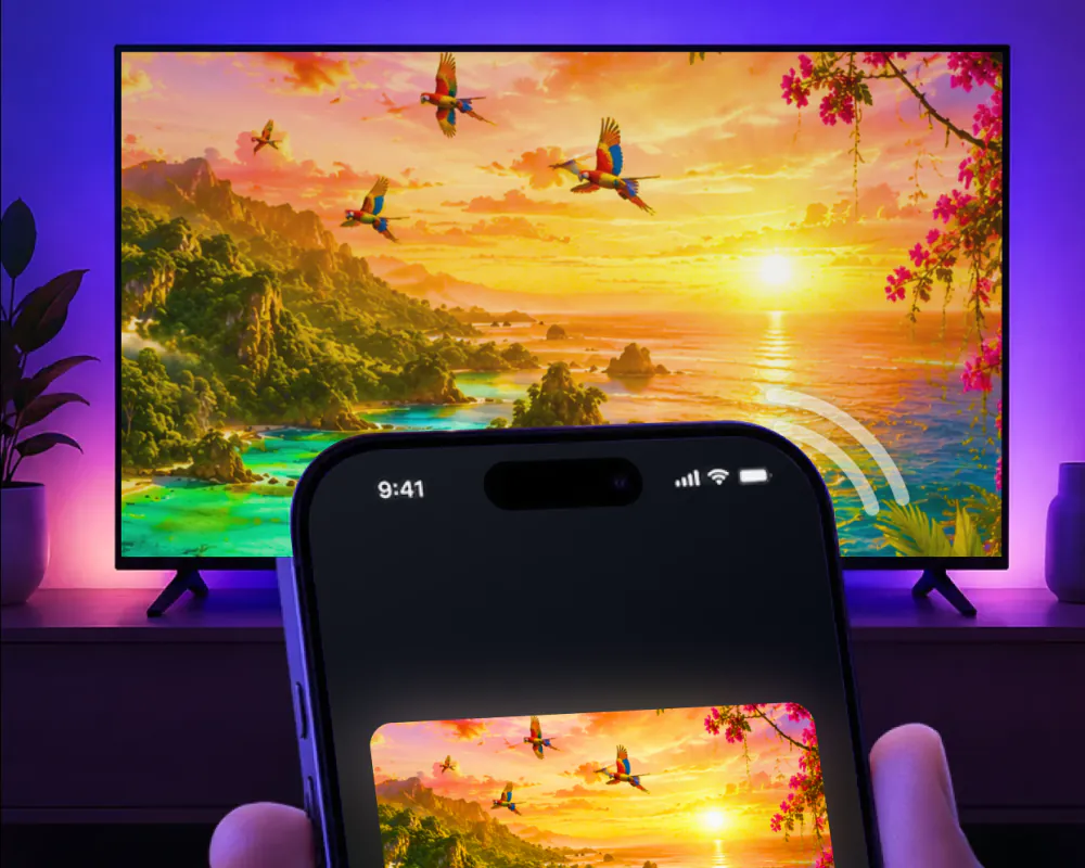 An evening living room with the television showing what the phone is playing