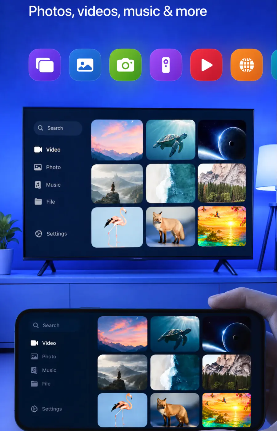 An iPhone and a TV showing the same library of photos and videos