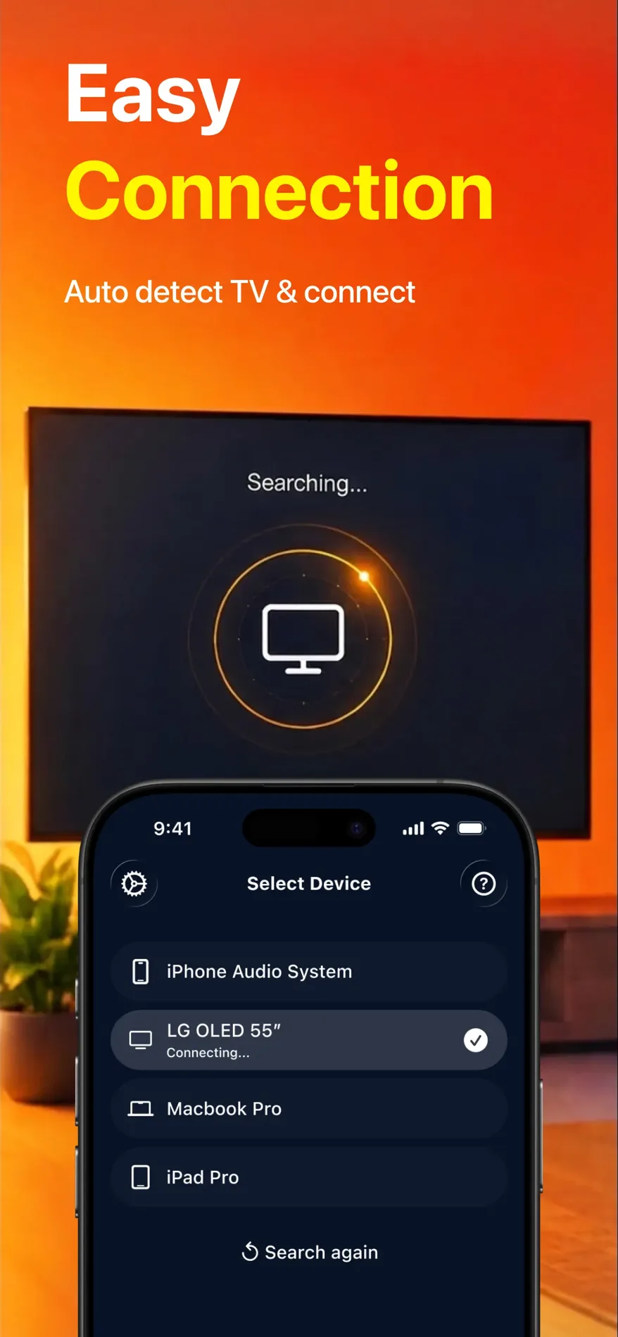 The app on an iPhone searching for a TV to connect to