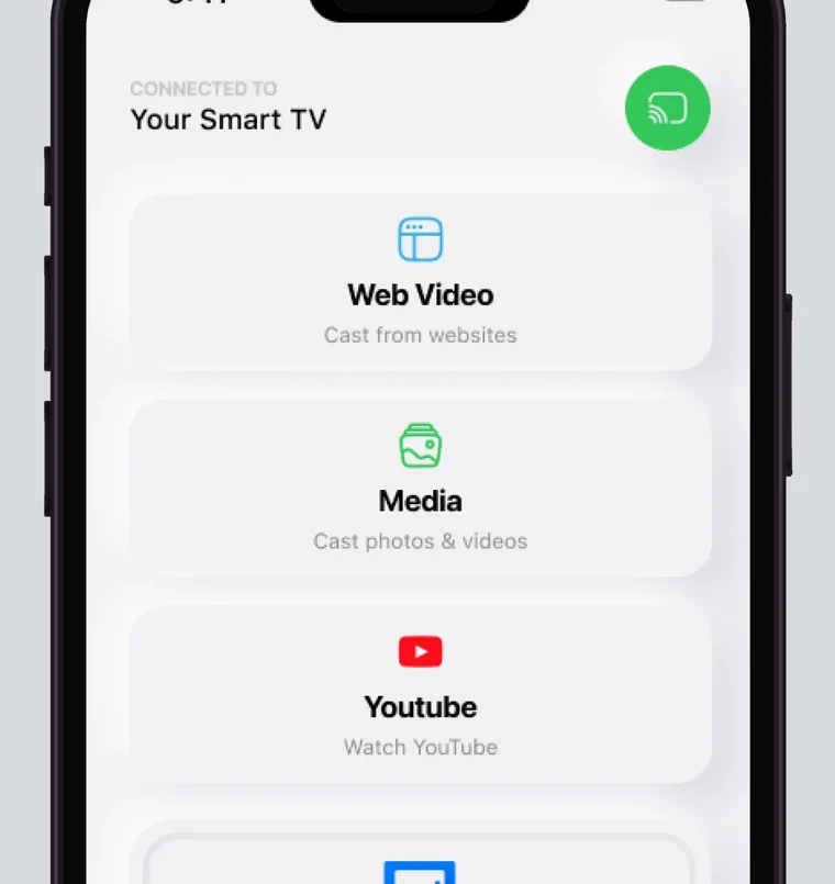 The app home screen with Web Video, Media, YouTube and Screen mirroring