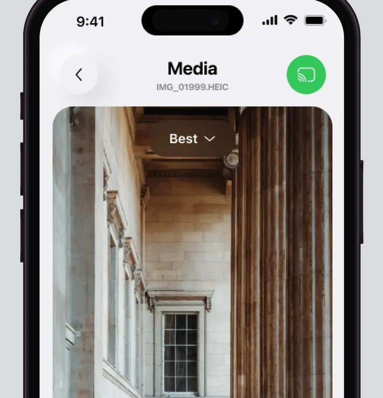 The media screen of the app with the cast button that opens the TV list