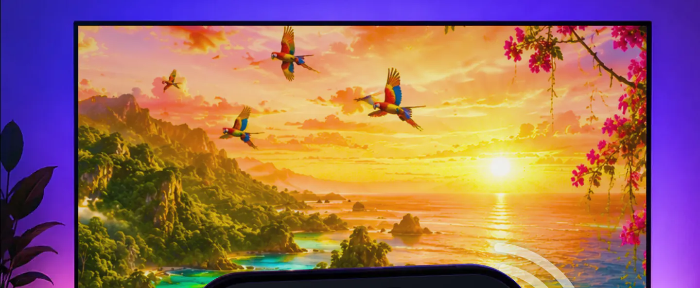 A TV showing a video of a tropical sunset over the sea